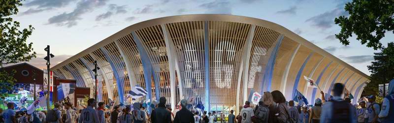 Visualisering af Zaha Hadid Architects' stadionprojekt med lys.