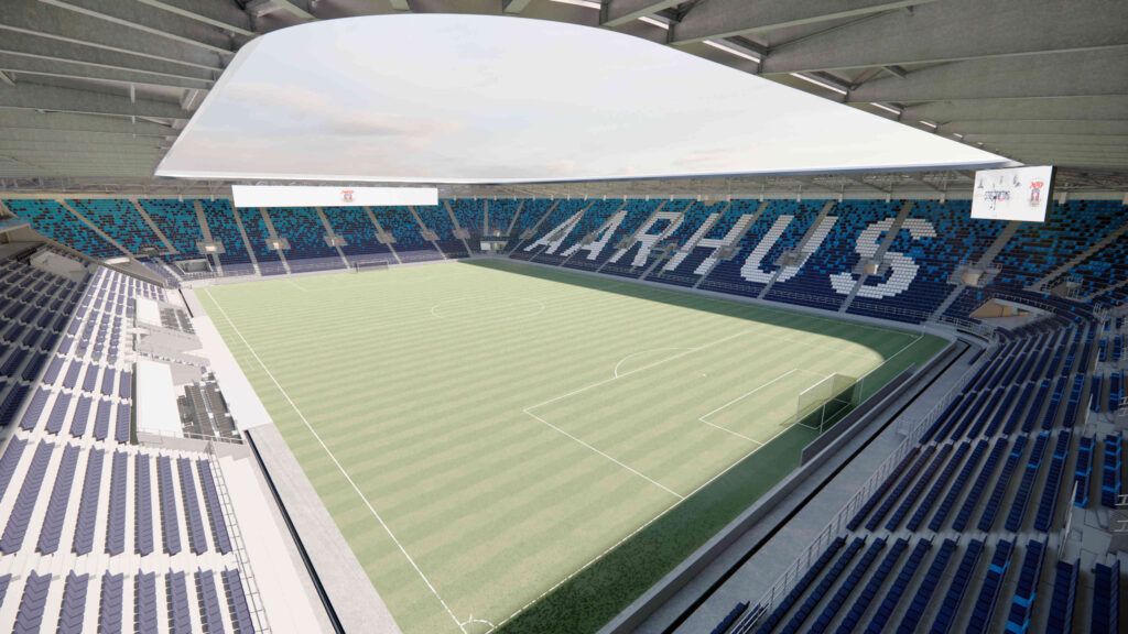 Nye renderinger af stadion i Kongelunden fra 2025. Med tilskuere.